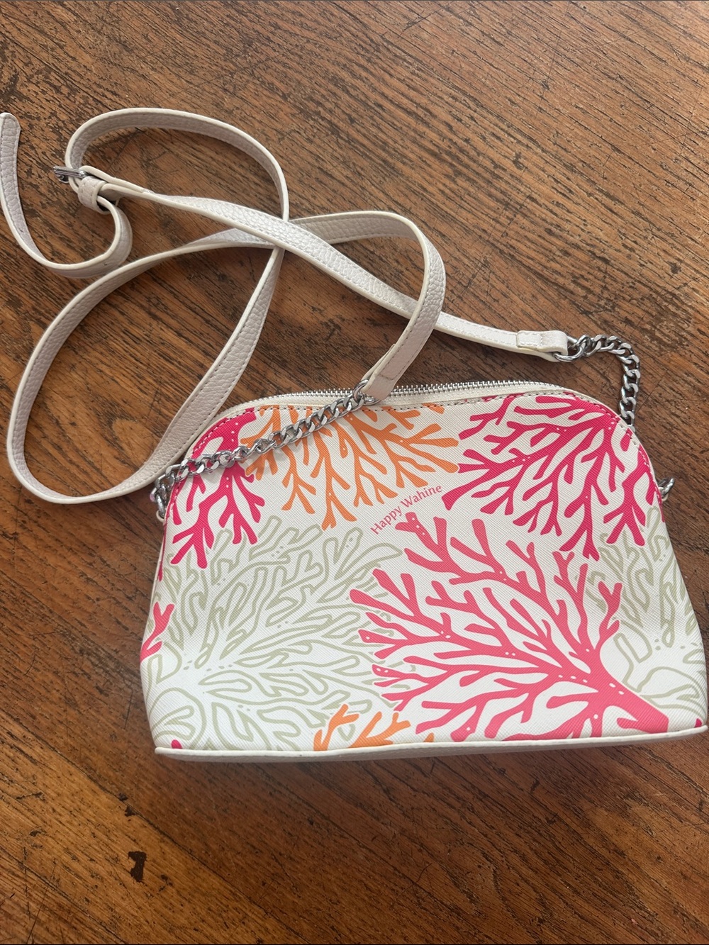 White Crossbody Bag with Coral-Print Accent